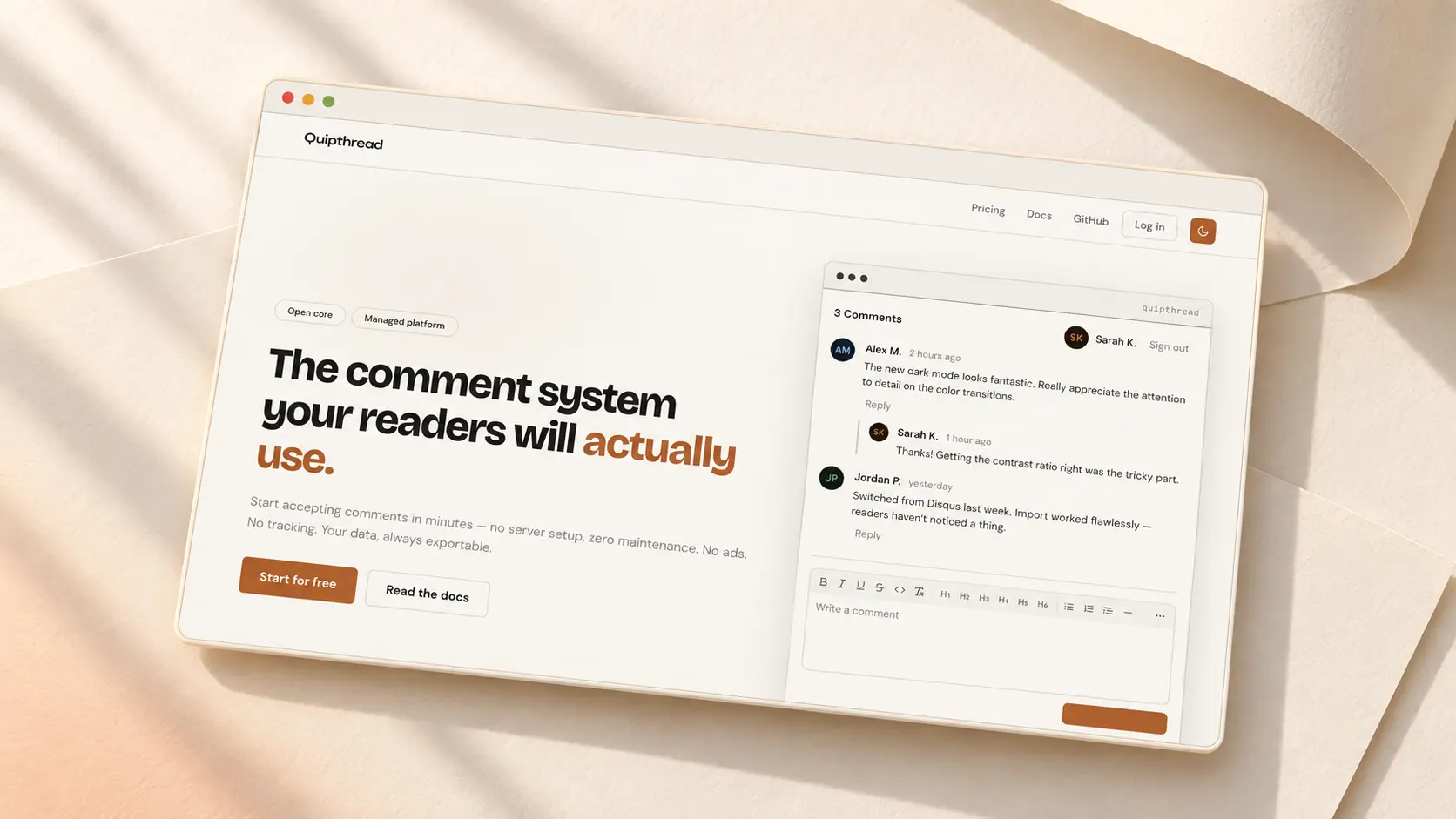 Quipthread marketing homepage with live comment thread